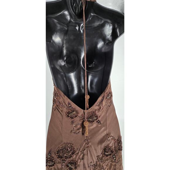 Cache Y2K 100% Silk Satin Lace Beaded Halter  Dress Asymmetrical Forrest Fairy - Picture 5 of 8